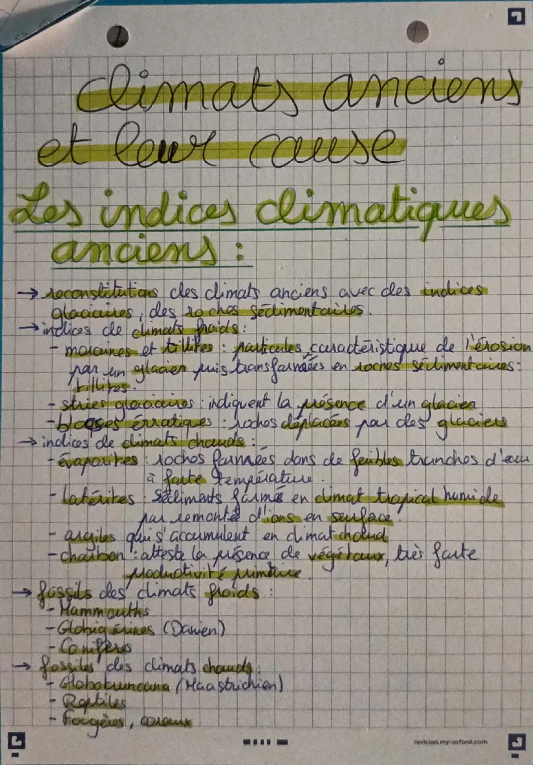 G
climats anciens
et leur cause
Les indices climatiques
anciens:
→ reconstitutions cles climats anciens avec des indices.
glaciaires, des ro