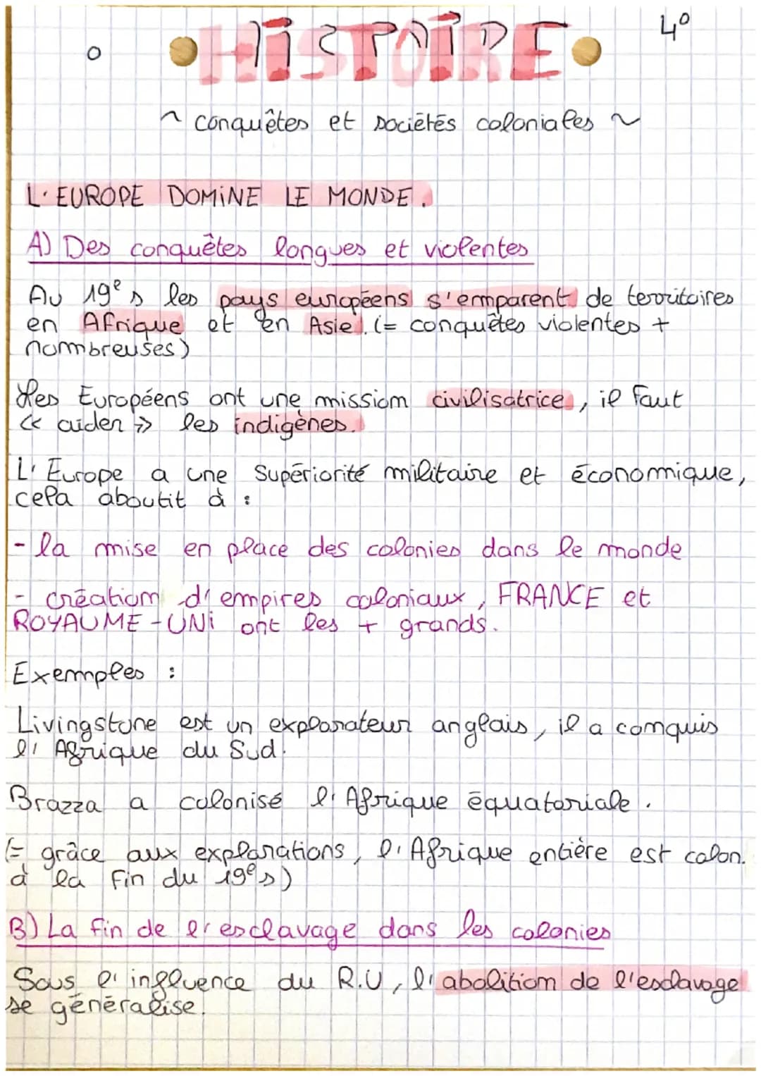 O
•HISTOIRE
~ conquêtes et sociétés coloniales
>
4°
L'EUROPE DOMINE LE MONDE.
A) Des conquêtes longues et violentes
Au 19es les pays europée