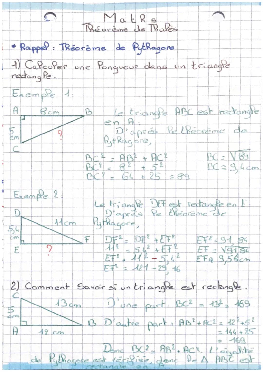 # Maths
Théorème de Thales

* Rappel: Théorème de Pythagore

1) Capcuper
une Pongueur dans un triangle
rectang Pe.

Exemple 1.

A
Bcm
B

5
e