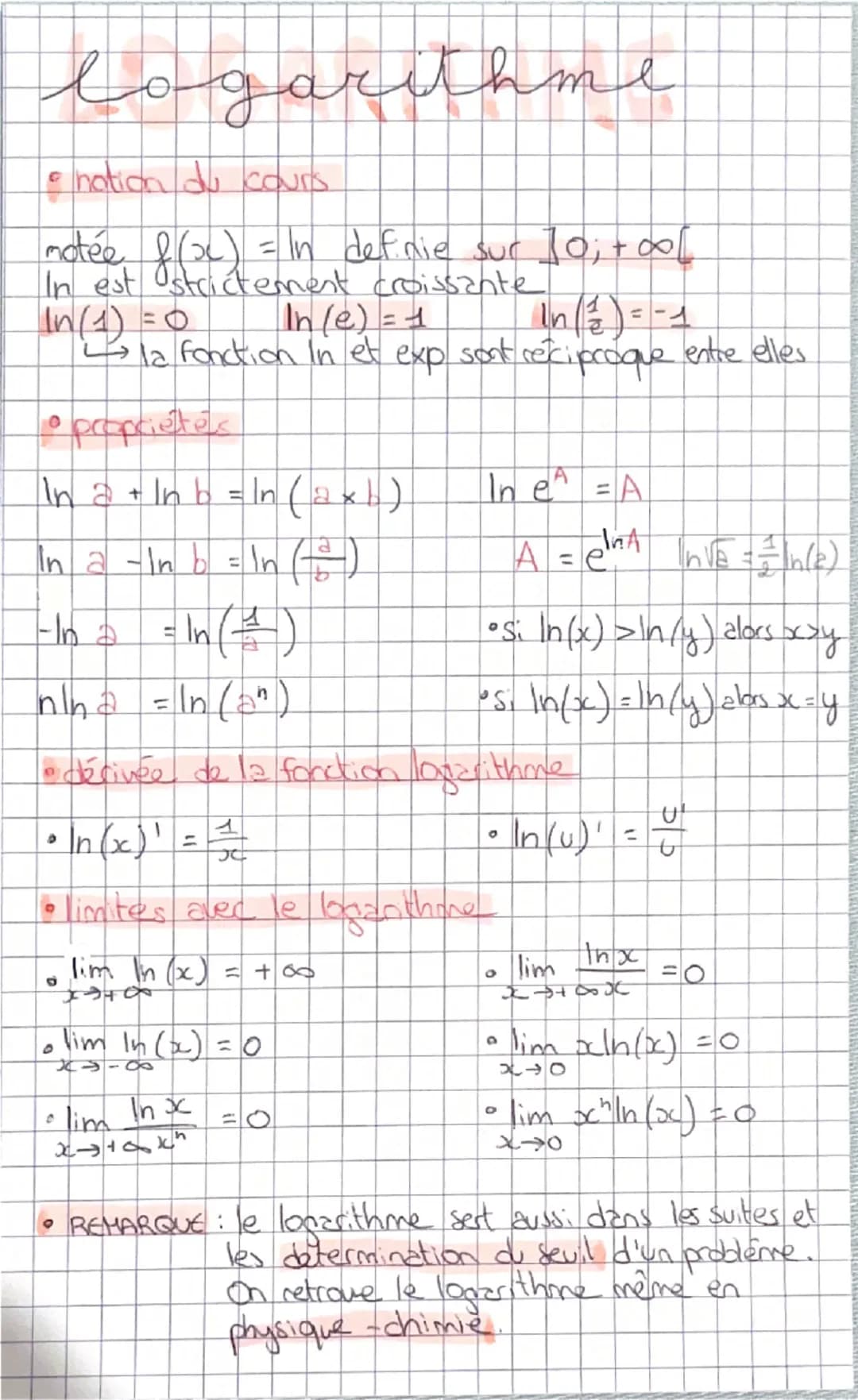 logarith
• nation du cours
notée f (x) = In definie sur 10; +00 [
In est strictement croissante
In (1)=0
In(e) = 1
In ( 2 ) = -1
✓ la foncti