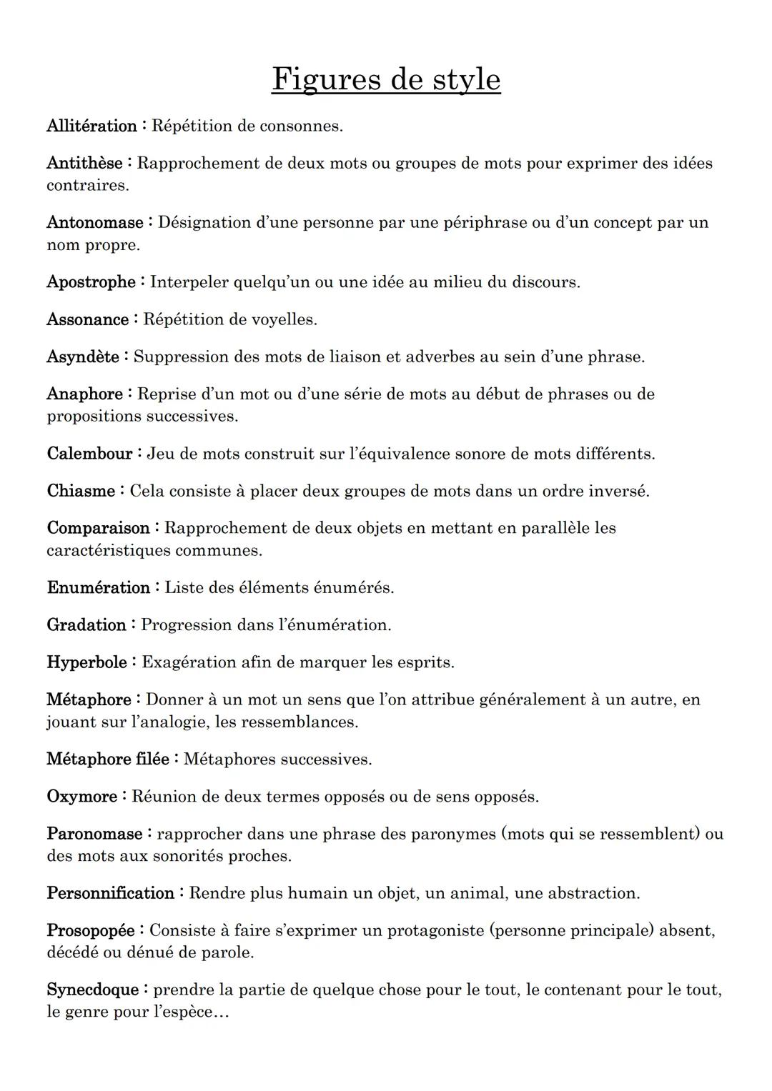 Figures de style
Allitération Répétition de consonnes.
Antithèse Rapprochement de deux mots ou groupes de mots pour exprimer des idées
contr