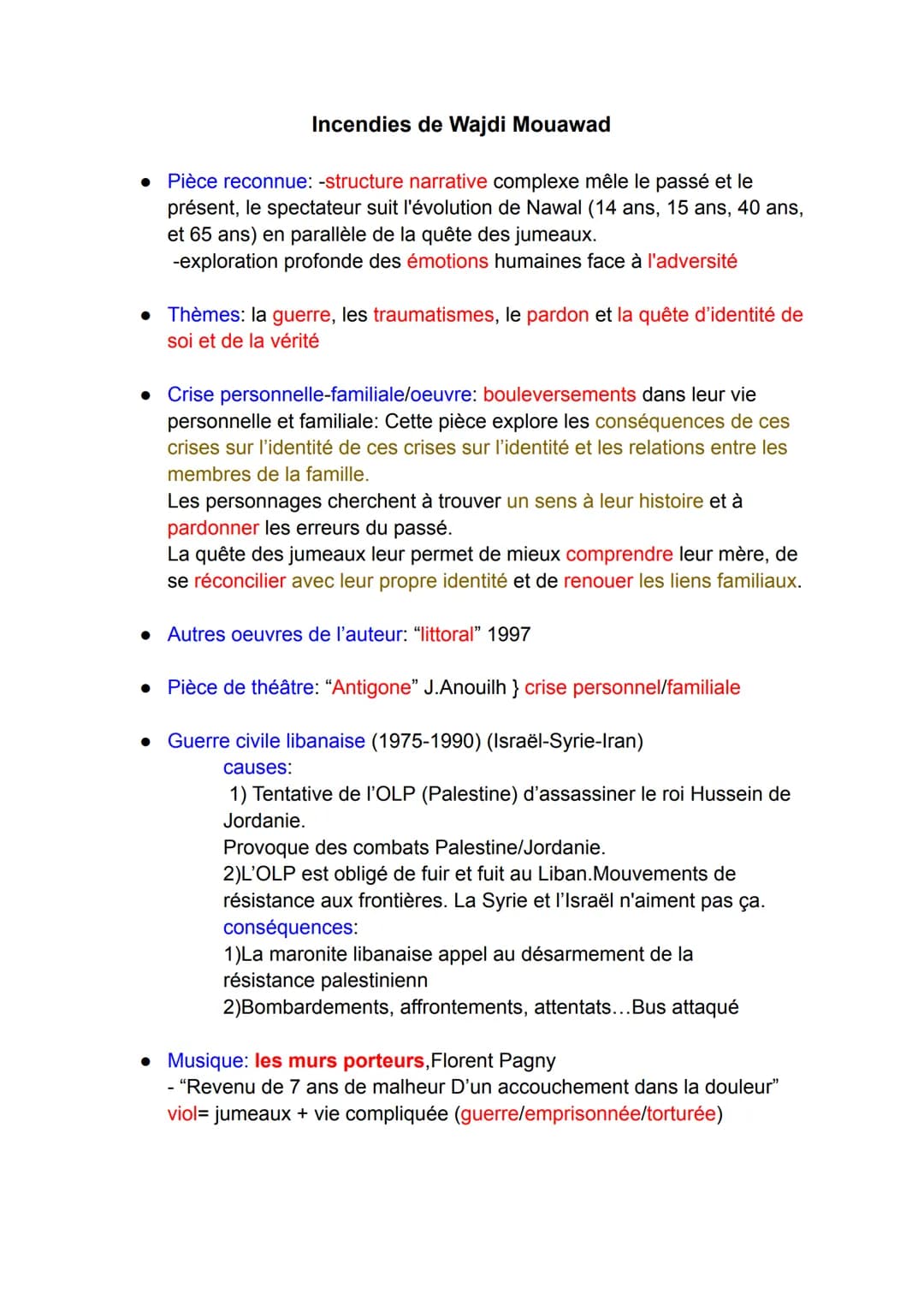Incendies de Wajdi Mouawad
Pièce reconnue: -structure narrative complexe mêle le passé et le
présent, le spectateur suit l'évolution de Nawa