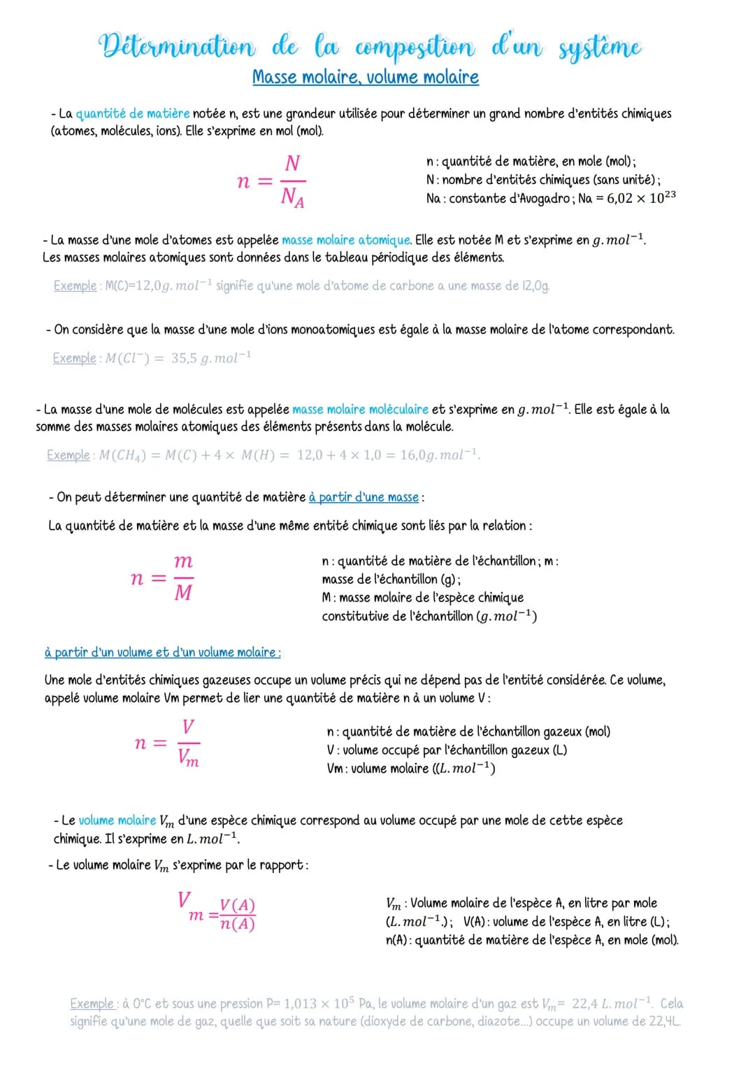 
<h2 id="massemolairevolumemolaire">Masse molaire, volume molaire</h2>
<p>La quantité de matière, notée n, est une grandeur utilisée pour dé