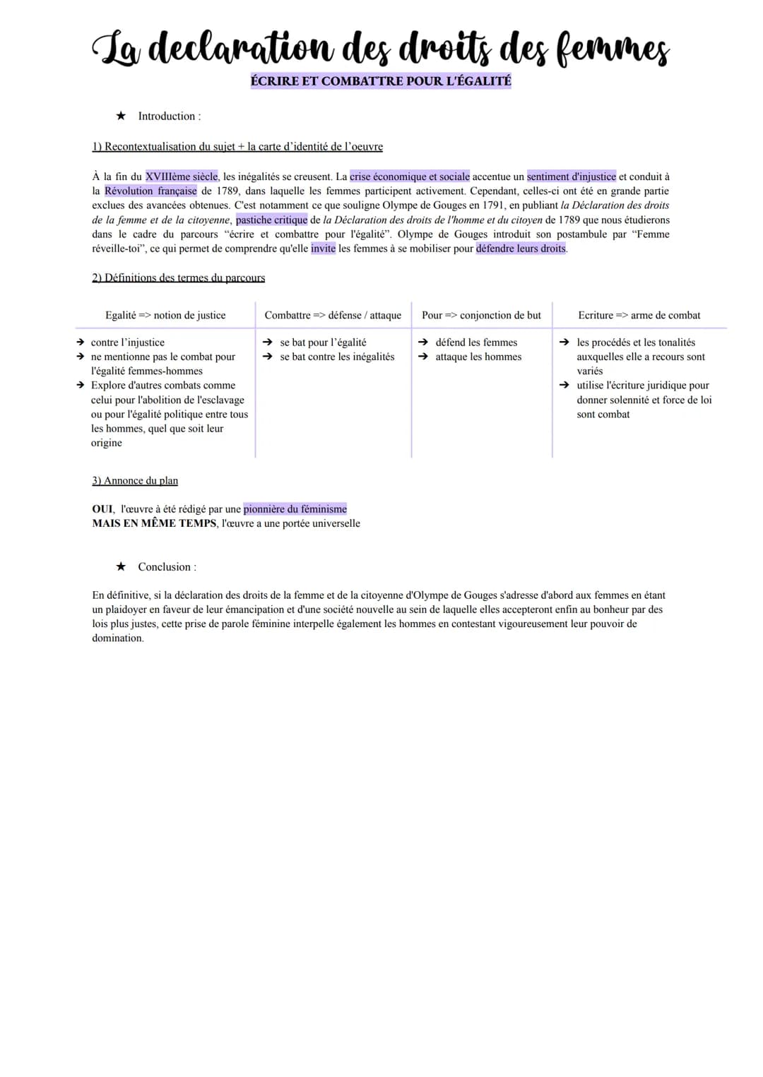 La declaration des droits des femmes
ÉCRIRE ET COMBATTRE POUR L'ÉGALITÉ
★
Introduction:
1) Recontextualisation du sujet + la carte d'identit