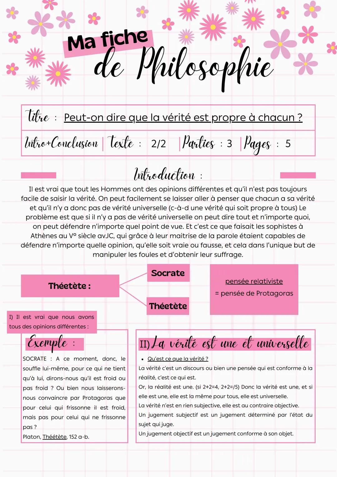 Ma fiche
de Philosophie
: Peut-on dire que la vérité est propre à chacun ?
titre :
Intro Conclusion texte: 2/2 Parties: 3
Pages
: 5
Introduc