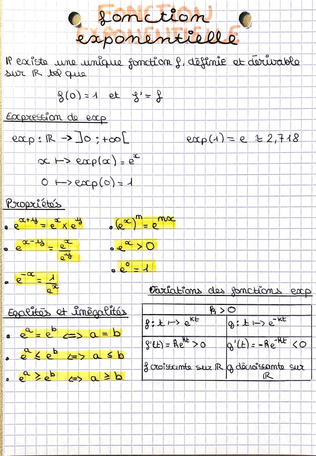 # fonction
exponentielle

IP existe une unique fonction &, definie et derivable
sur IR tel que

8(0)=1 et f' = 8

Expression de exp

exp: IR