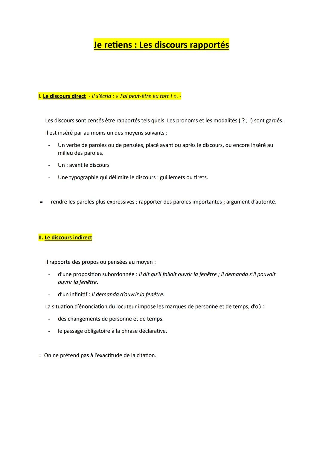 Je retiens : Les discours rapportés
I. Le discours direct - Il s'écria : « J'ai peut-être eu tort! ». -
Les discours sont censés être rappor