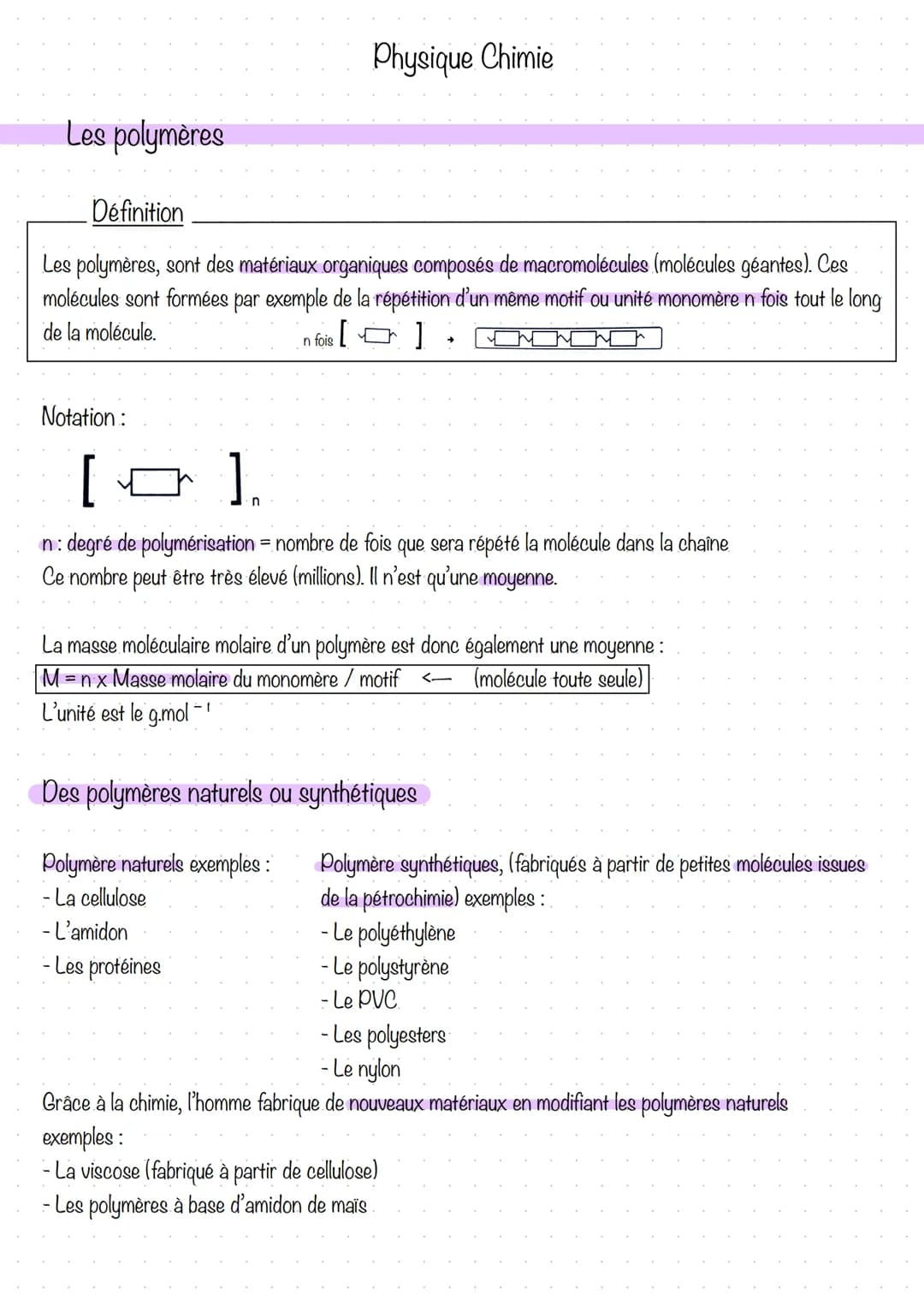 La Synthèse de polymère
La synthèse des polymères = réactions de polymérisation = associer des motifs de répétition (molécules)
par des liai