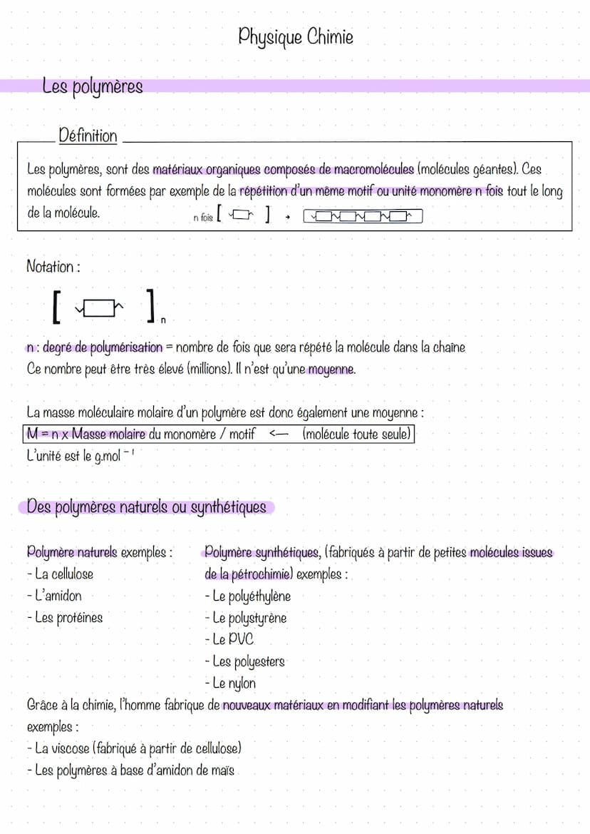 La Synthèse de polymère
La synthèse des polymères = réactions de polymérisation = associer des motifs de répétition (molécules)
par des liai