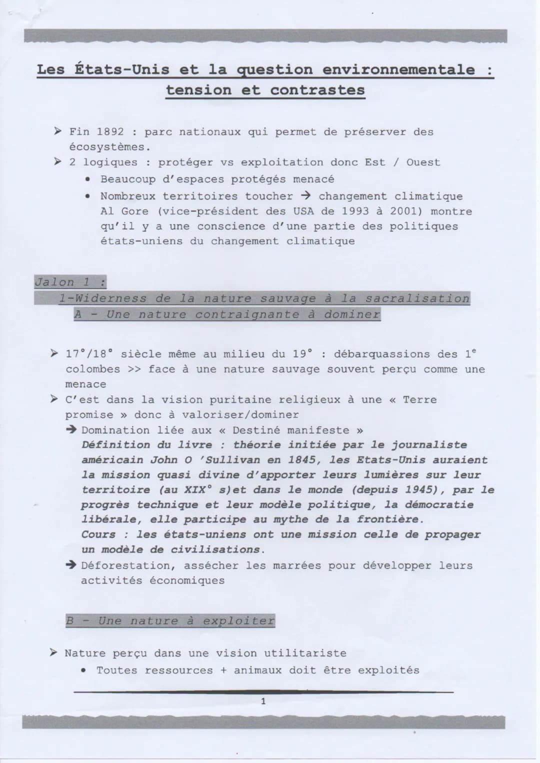 Les États-Unis et la question environnementale :
tension et contrastes
Fin 1892 : parc nationaux qui permet de préserver des
écosystèmes.
2 