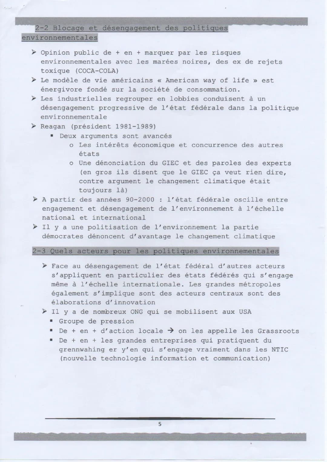 Les États-Unis et la question environnementale :
tension et contrastes
Fin 1892 : parc nationaux qui permet de préserver des
écosystèmes.
2 