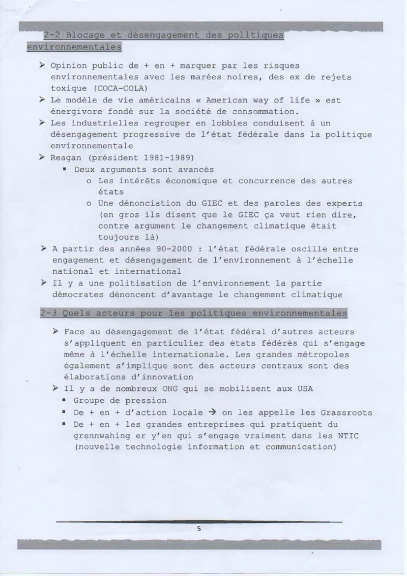 Les États-Unis et la question environnementale :
tension et contrastes
Fin 1892 : parc nationaux qui permet de préserver des
écosystèmes.
2 