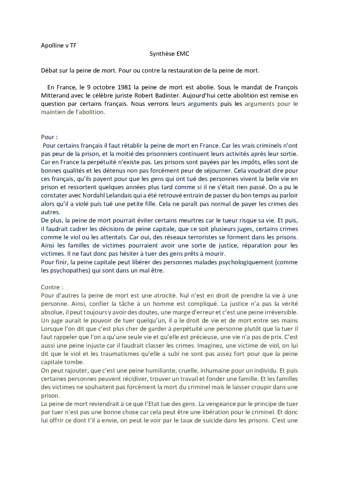Pour ou contre la peine de mort : Arguments, texte argumentatif et exposé PDF
