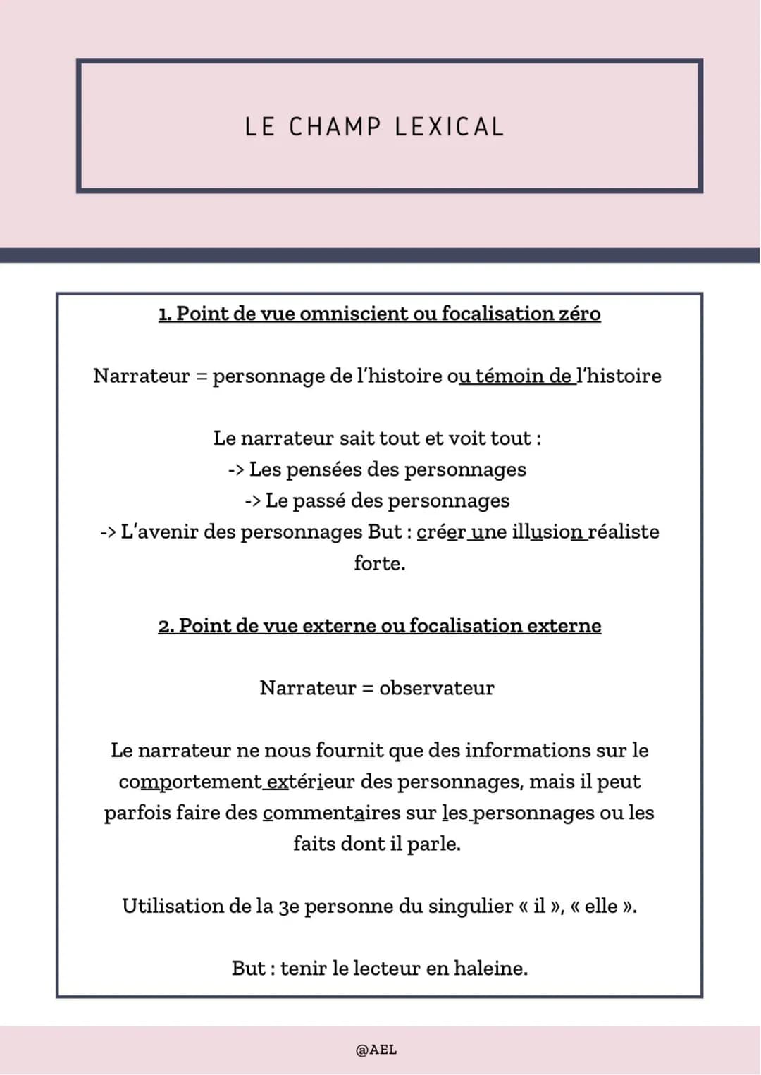 LE CHAMP LEXICAL
1. Point de vue omniscient ou focalisation zéro
Narrateur = personnage de l'histoire ou témoin de l'histoire
Le narrateur s