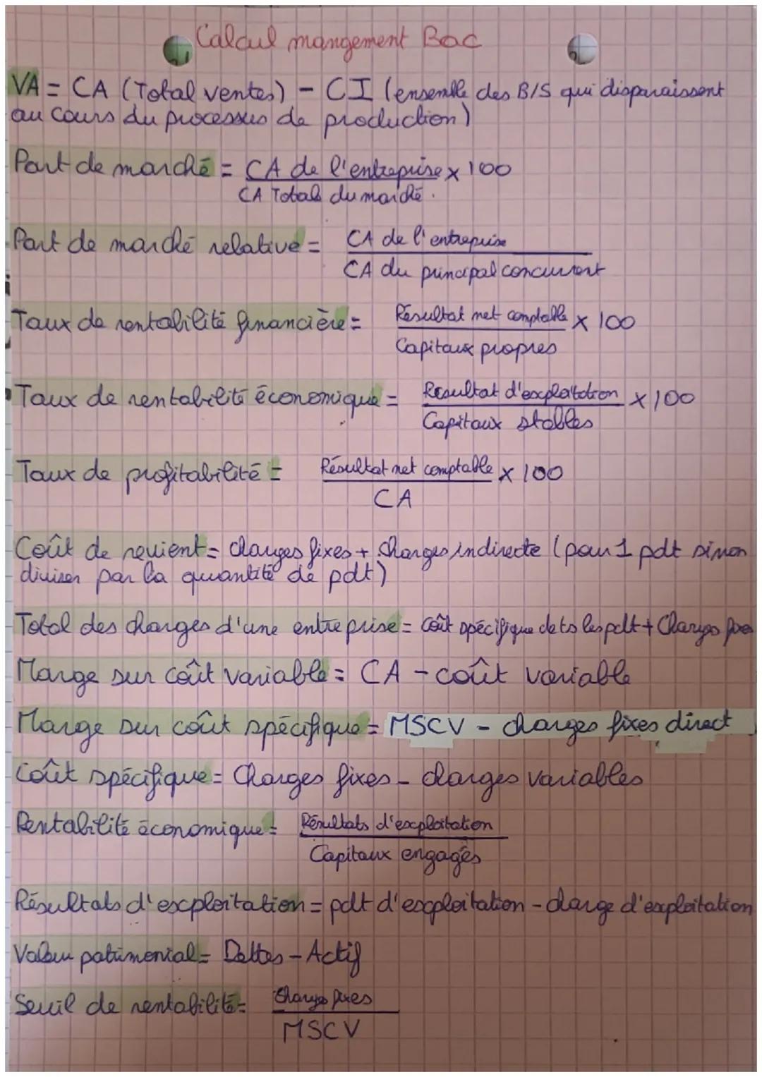 Calcul mangement Bac

$VA = CA$ (Total ventes) - $CI$ (ensemble des B/S qui disparaissent
au cours du processus de production)

Part de marc