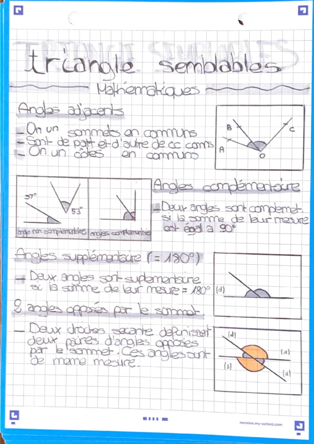 triangle semblables
Angles adjacents
On un sommets on communs
Sont de part et d'autre de cc coms
On un coles on communs
L
Mathematiques
53
A