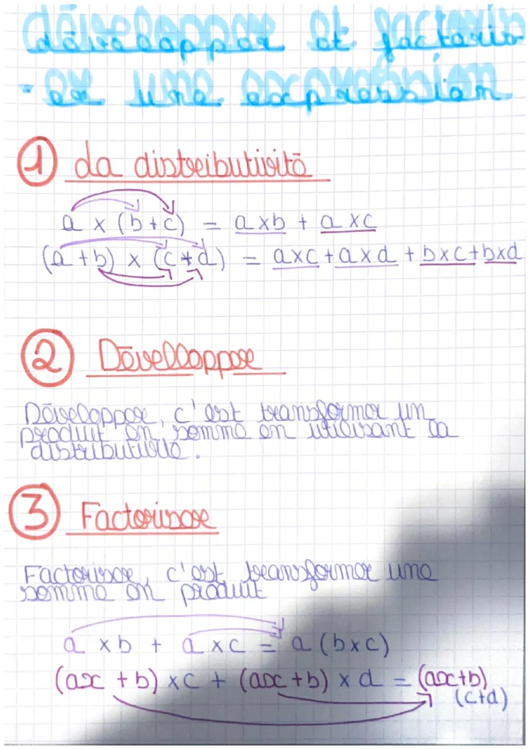 # développer st factorio

- une expression

① da distributivitā

$a x (b+c) = axb + a x c$

$(a+b) x (c+d) = axc + axd + bxc+bxd$

② DevelCo