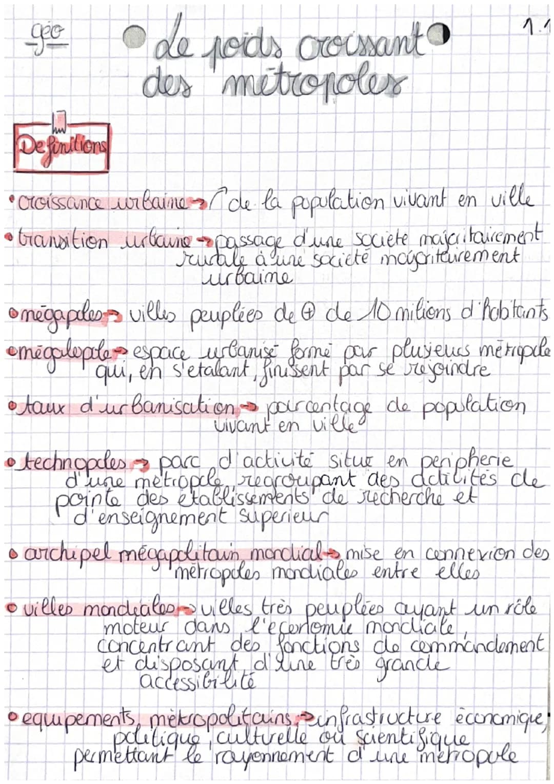 géo
0
•de poids croissant
des métropoles
1.1
Definitions
• croissance urbaine de la population vivant en ville
transition urbaine passage d'