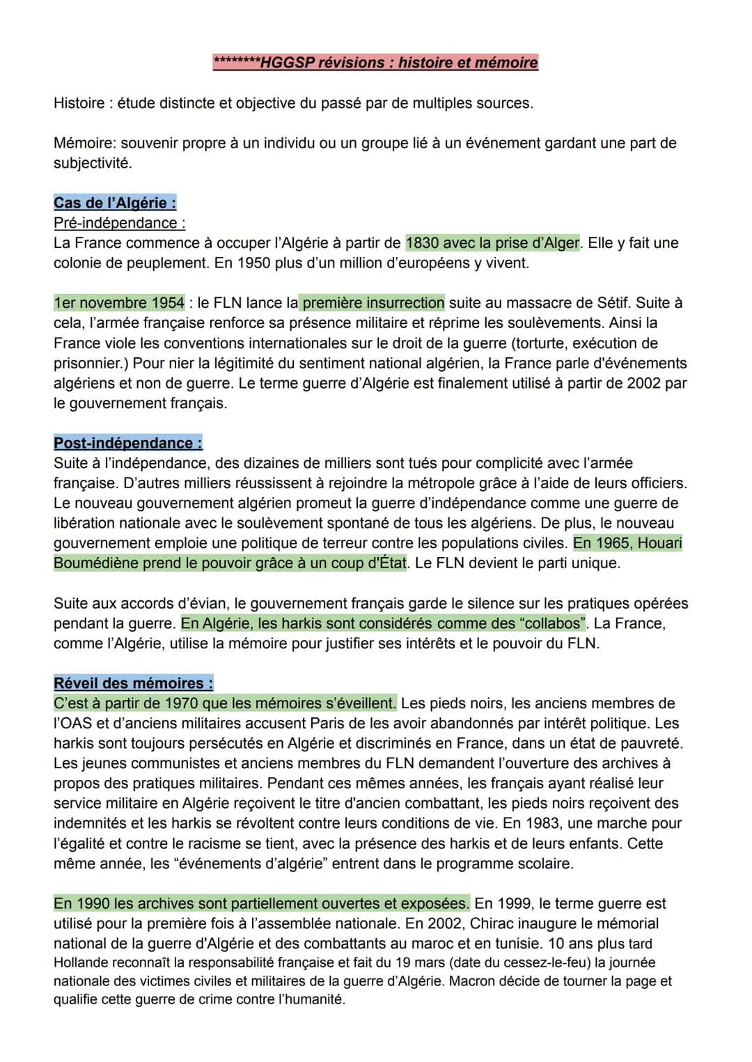 ********HGGSP révisions : histoire et mémoire
Histoire : étude distincte et objective du passé par de multiples sources.
Mémoire: souvenir p