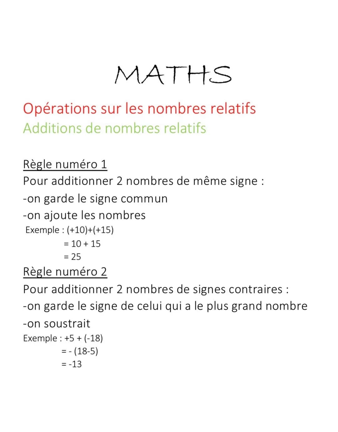 MATHS
Opérations sur les nombres relatifs
Additions de nombres relatifs
Règle numéro 1
Pour additionner 2 nombres de même signe :
-on garde 