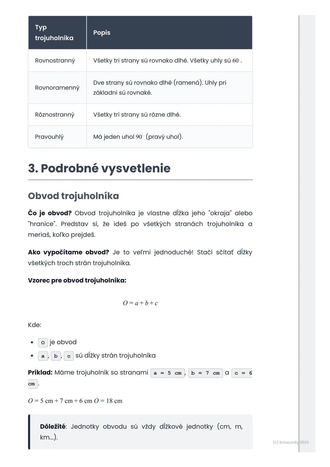 # Obvod a obsah trojuholníka

## 1. Prehľad / Úvod

Dnes sa budeme učiť o trojuholníkoch, čo je super dôležité v
matematike! Trojuholníky sú