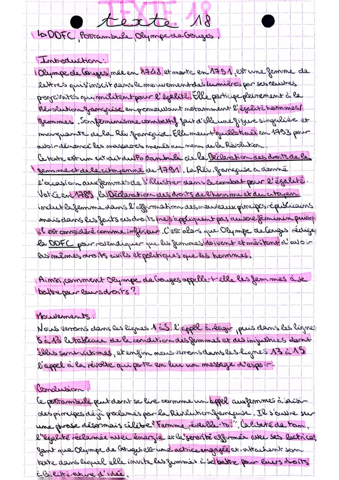 texte 18
14DDFC Postambule Olympe de bouges.
Intreduction:
1 Olympe de Couges, mée en 1748 et mente en 1791, est une femme de
lettres quis'i