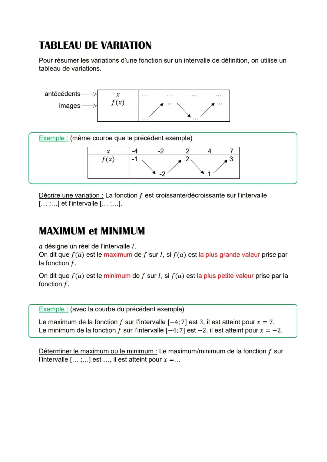 Variations de fonctions
FONCTION CROISSANTE
Une fonction est croissante sur un intervalle I, si quand la variable x augmente, son
image f(x)