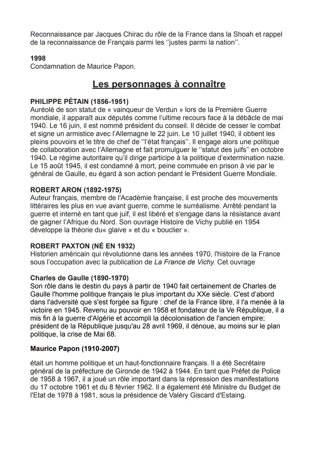 Dates à connaître
15 AOÛT 1945
Condamnation à mort du maréchal Pétain, peine commuée en détention à
perpétuité, eu égard à son grand âge (89