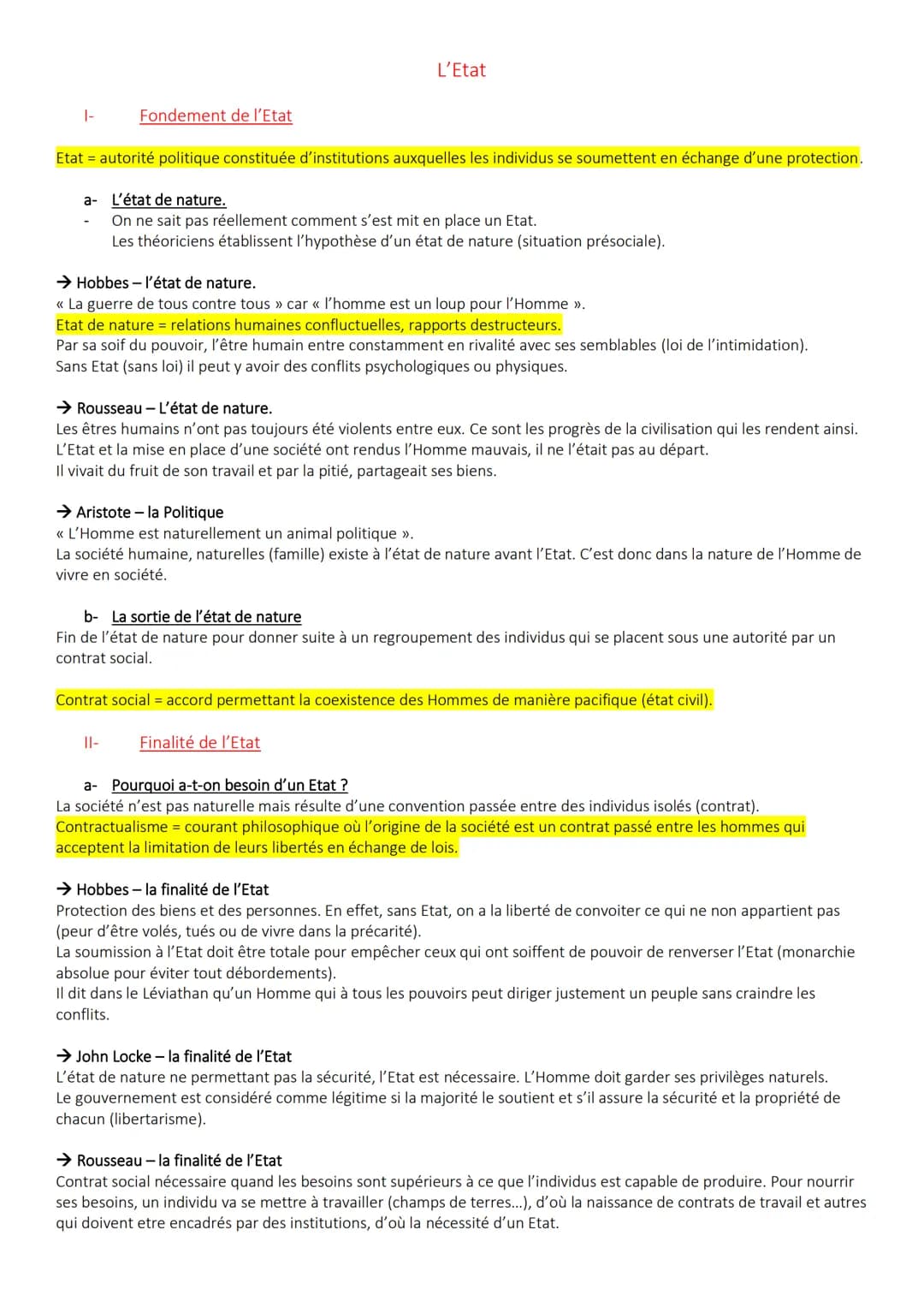 1-
Fondement de l'Etat
Etat = autorité politique constituée d'institutions auxquelles les individus se soumettent en échange d'une protectio