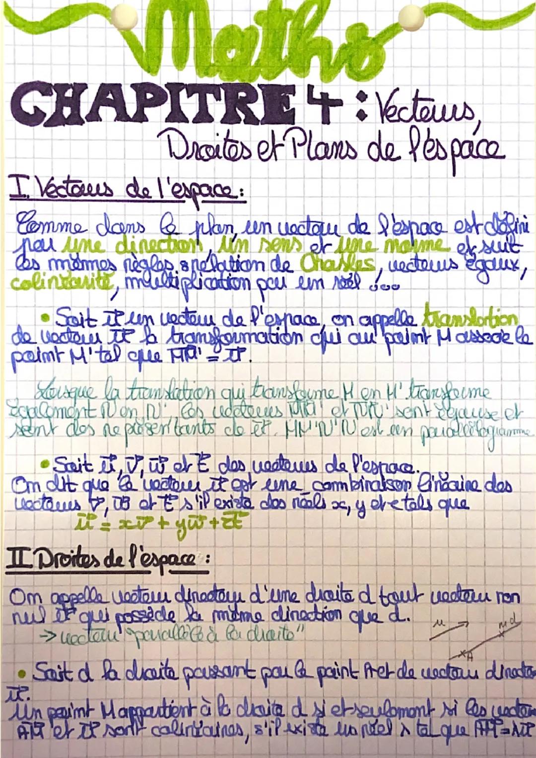 Mathe

CHAPITRE 4: Vecteus,
Droites et Plans de l'espace

I. Véctars de l'espace:
Comme dans & plar un vector de l'espace est defini
pou une