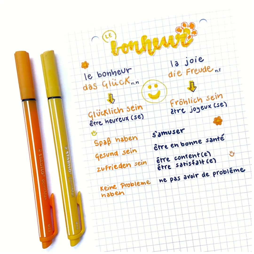 STABILO
STABILO
bonheur
LE
le bonheur
das Glück
Glücklich sein
être heureux (se)
Spaß haben
Gesund sein
Zufrieden sein
Keine Probleme
haben
