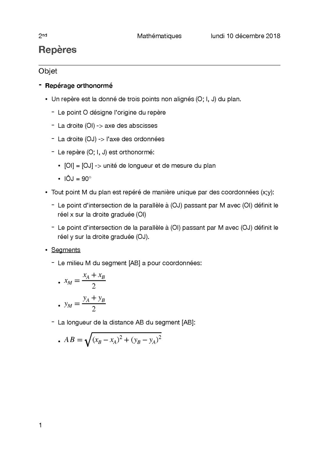 Cours et Exercices sur le Repère Orthonormé et les Distances entre Points