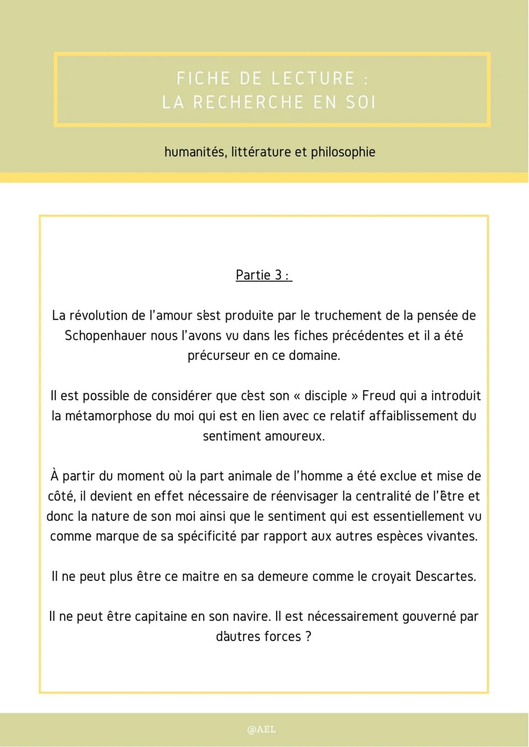 FICHE DE LECTURE :
LA RECHERCHE EN SOI
humanités, littérature et philosophie
Partie 3:
La révolution de l'amour s'est produite par le truche