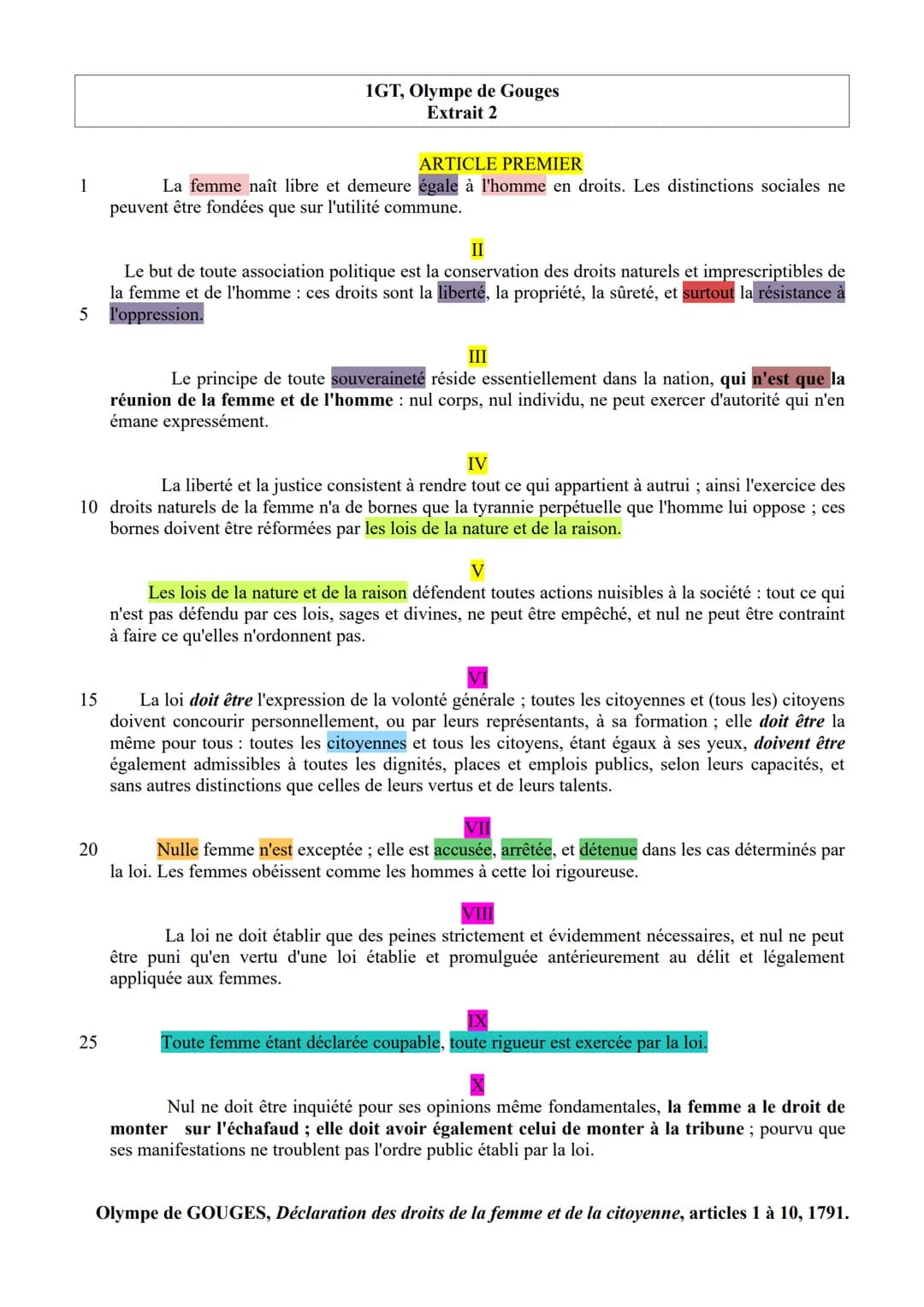 1
1GT, Olympe de Gouges
Extrait 2
II
Le but de toute association politique est la conservation des droits naturels et imprescriptibles de
la