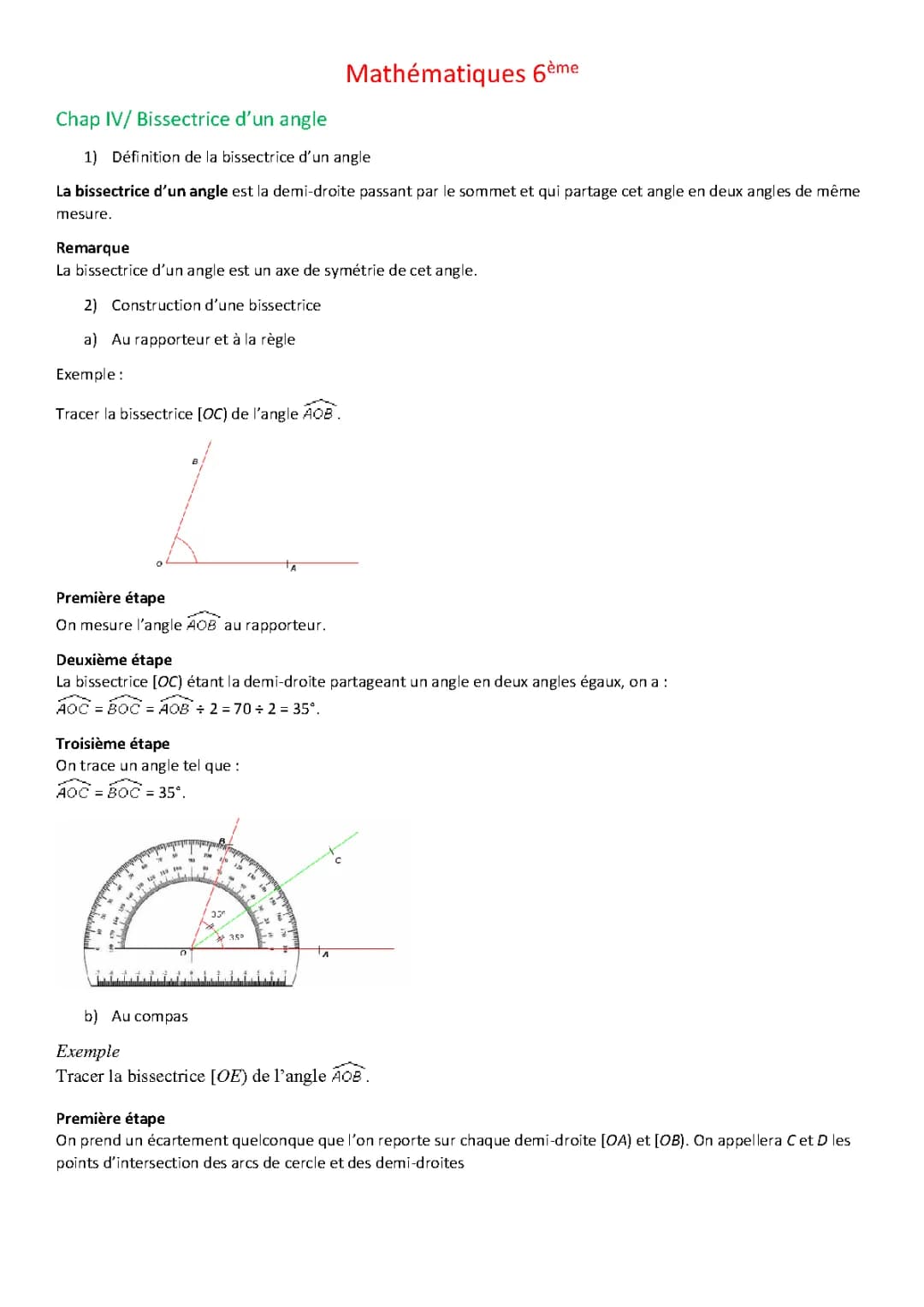 Comment Tracer la Bissectrice d'un Angle et d'un Triangle - Exercices en 6ème