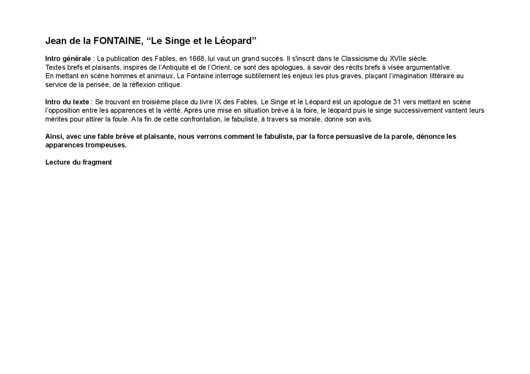Analyse linéaire - Le Singe et le Léopard, Les Fables, Jean de la FONTAINE