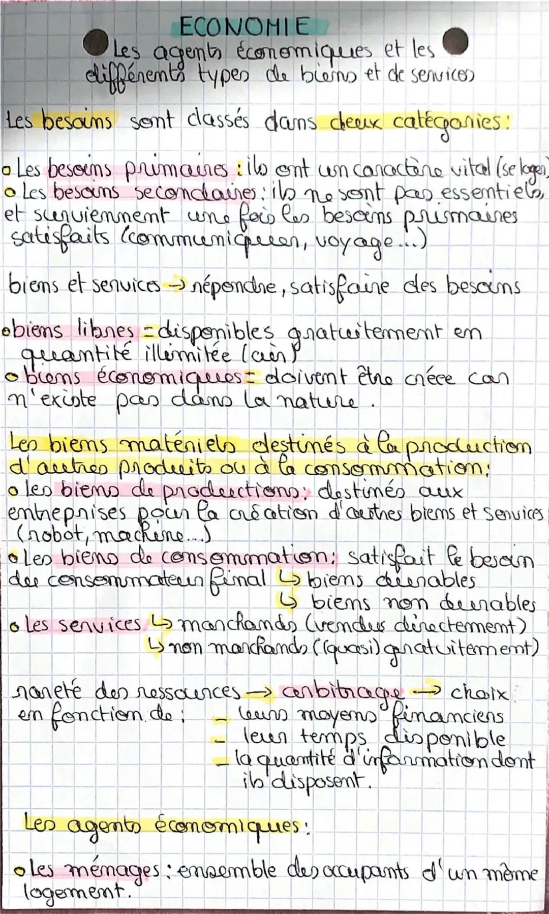 ECONOMIE
Les agents économiques et les
différents types de biens et de services
Les besoins sont classés dans deux catégories:
• Les besoins
