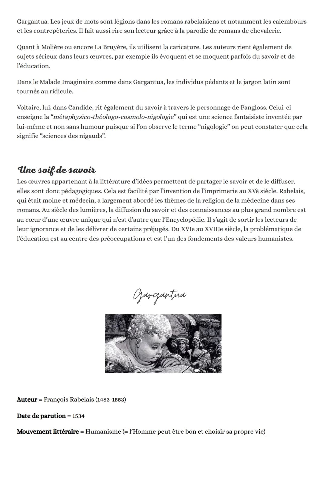 RIRE &
SAVOIR
LA LITTERATURE D'IDEES DU
XVI-XVIII E SIECLE
GARGANTUA
"Rire" et "savoir" sont a priori 2 mots contradictoires. Le rire procur