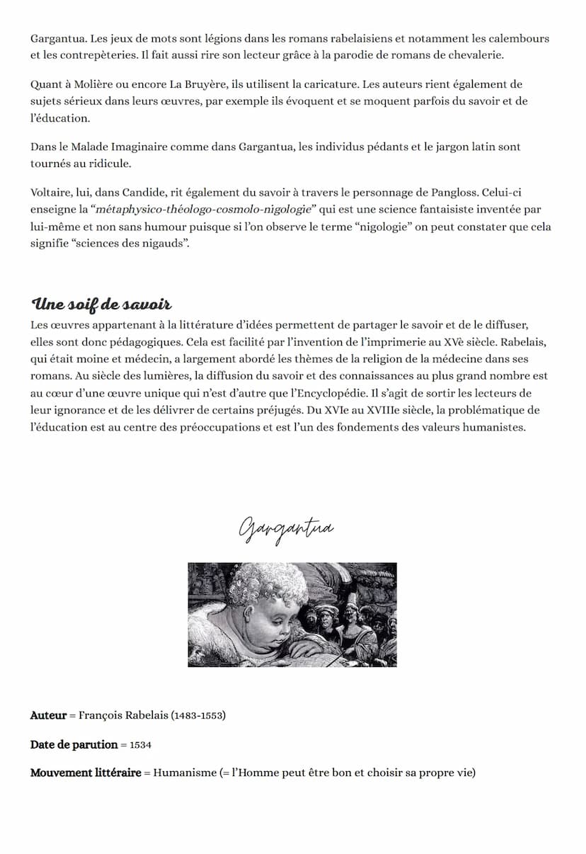 RIRE &
SAVOIR
LA LITTERATURE D'IDEES DU
XVI-XVIII E SIECLE
GARGANTUA
"Rire" et "savoir" sont a priori 2 mots contradictoires. Le rire procur