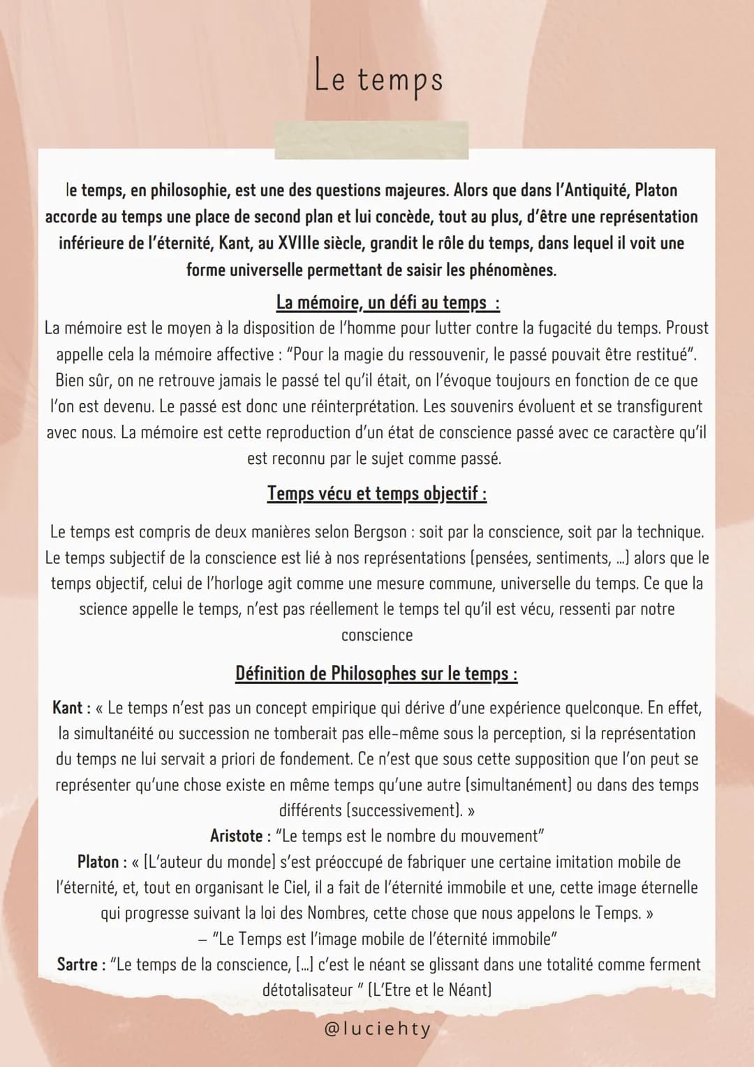 Le temps
le temps, en philosophie, est une des questions majeures. Alors que dans l'Antiquité, Platon
accorde au temps une place de second p