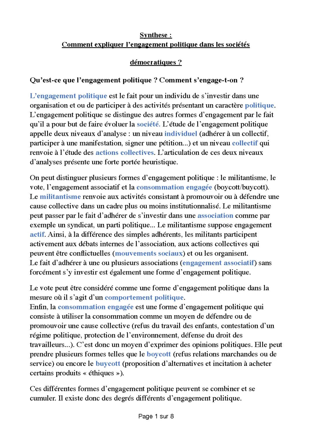 Comprendre l'engagement politique dans les sociétés démocratiques