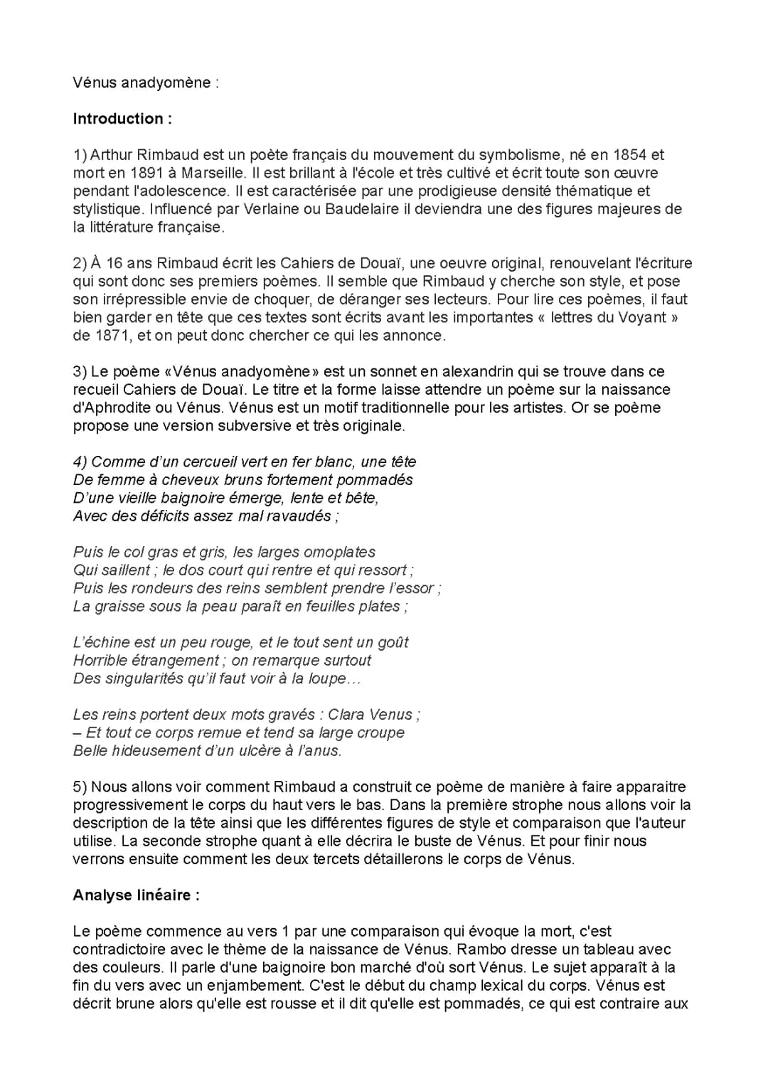 Analyse linéaire de Vénus Anadyomène de Rimbaud - PDF et Introduction