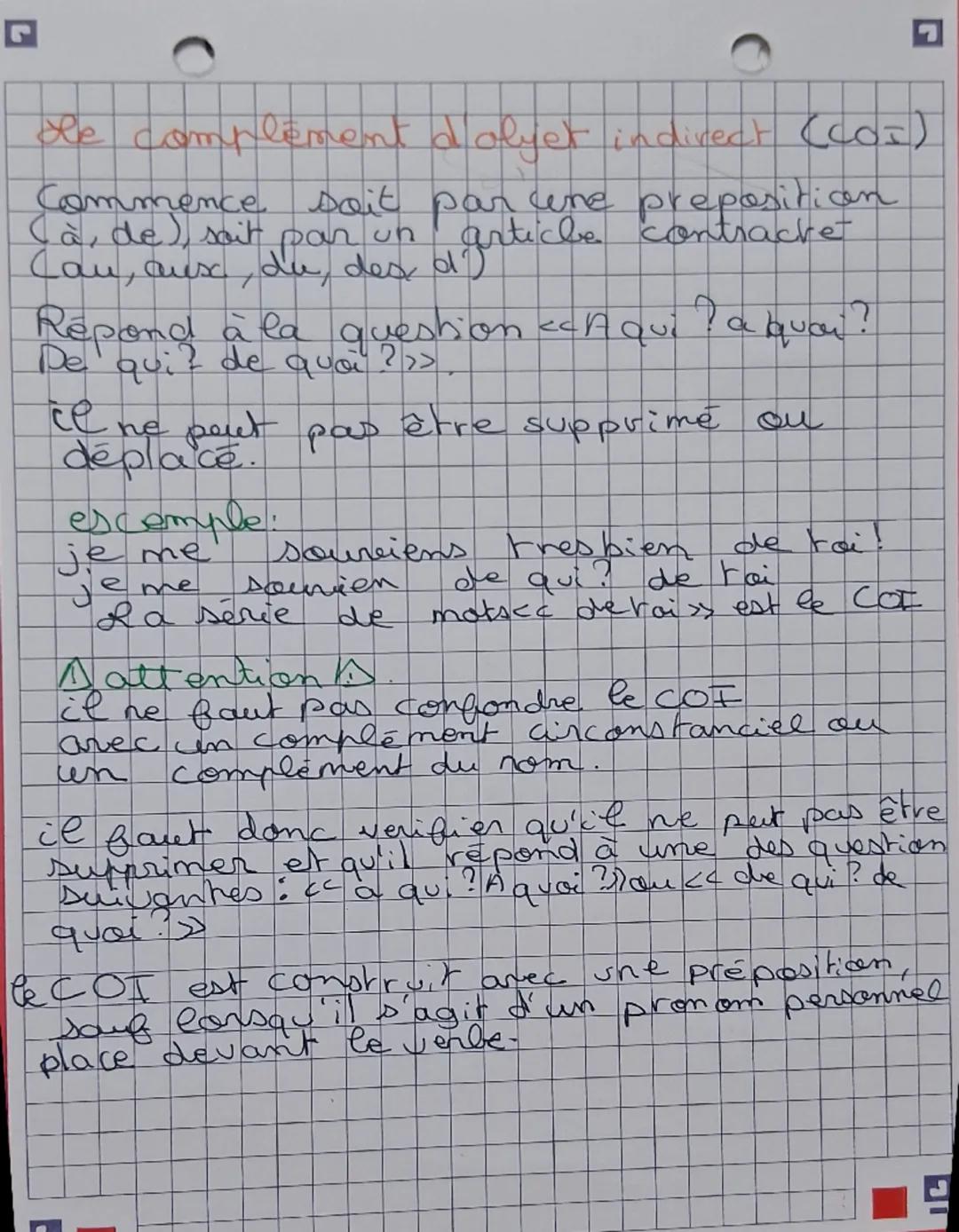 --- OCR Start ---
Français
Les COD et les COI
Comment les repérer?
de complément d'objet direct (COD)
il répond à la question « Qui ?»>
il d