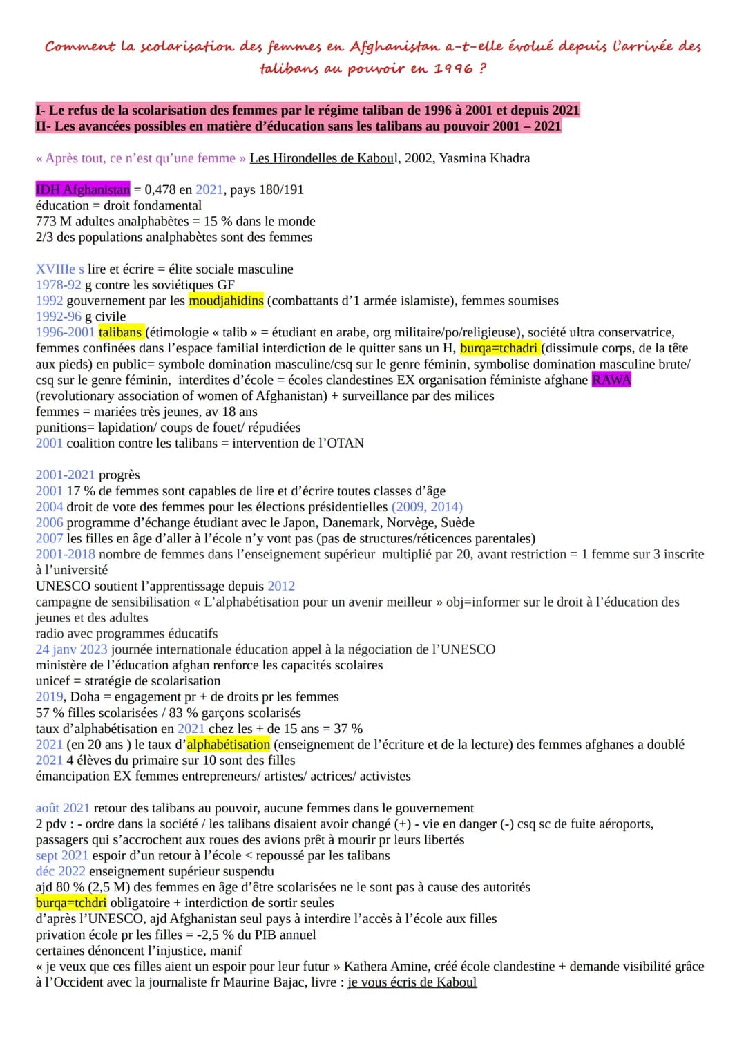 Comment la scolarisation des femmes en Afghanistan a-t-elle évolué depuis l'arrivée des
talibans au pouvoir en 1996?
I- Le refus de la scola