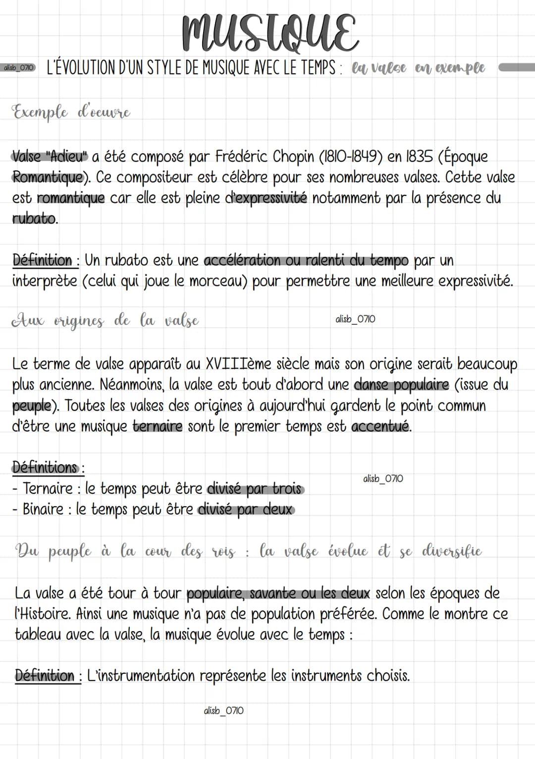 alisb_0710
mustouε
L'ÉVOLUTION D'UN STYLE DE MUSIQUE AVEC LE TEMPS: en valse en exemple
Exemple d'oeuvre
Valse "Adieu" a été composé par Fré