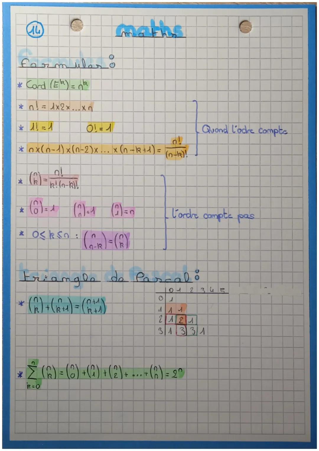 (14)
00
Formuler o
* Card (ER) =
* 0!: = x2x...xn
* 11 = 1
71-1
maths
*x(0-1)x(0-2) x ... × (n − R + 1) =
*
ام
R!(-R)!
Quand l'adre compte.
