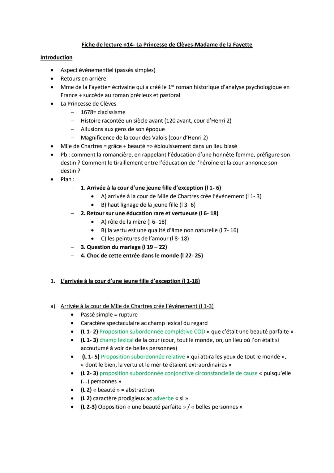 Introduction
●
●
●
Aspect événementiel (passés simples)
Retours en arrière
Mme de la Fayette= écrivaine qui a créé le 1er roman historique d