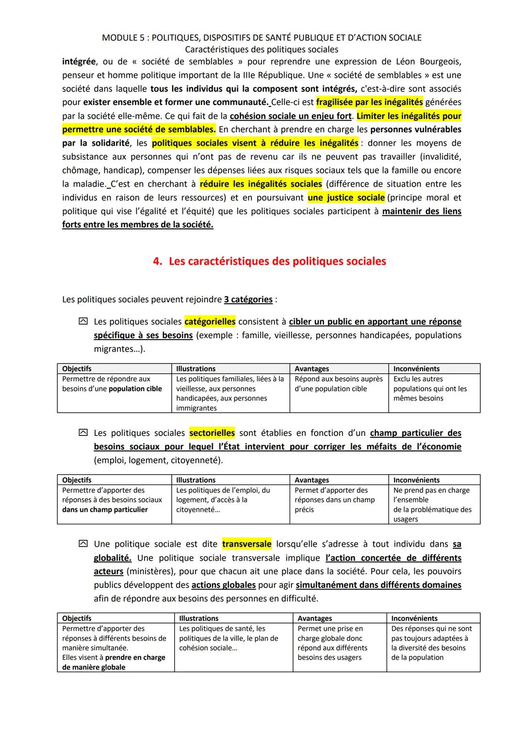MODULE 5: POLITIQUES, DISPOSITIFS DE SANTÉ PUBLIQUE ET D'ACTION SOCIALE
Caractéristiques des politiques sociales
SYNTHESE DE COURS
Capacités