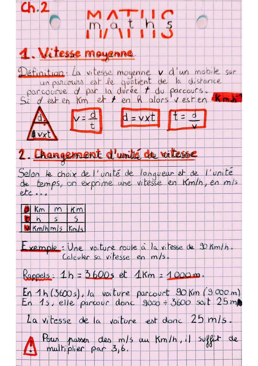 Ch.2
C
1. Vitesse moyenne
Définition: La vitesse moyenne d'un mobile sur
un parcours est le quotient de la distance
parcourve of par la duré