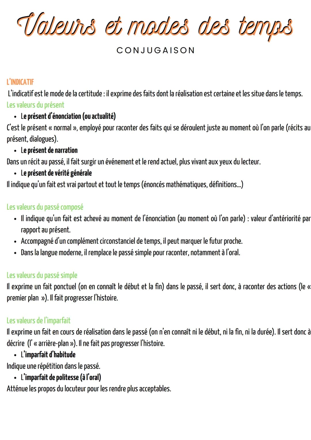 
<h2 id="lindicatif">L'INDICATIF</h2>
<p>L'indicatif est le mode de la certitude: il exprime des faits dont la réalisation est certaine et l